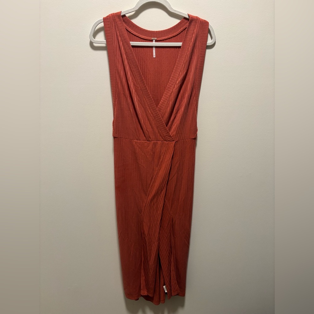 Free People Rising Sun Ribbed Maxi Dress Faux Wrap Orange M